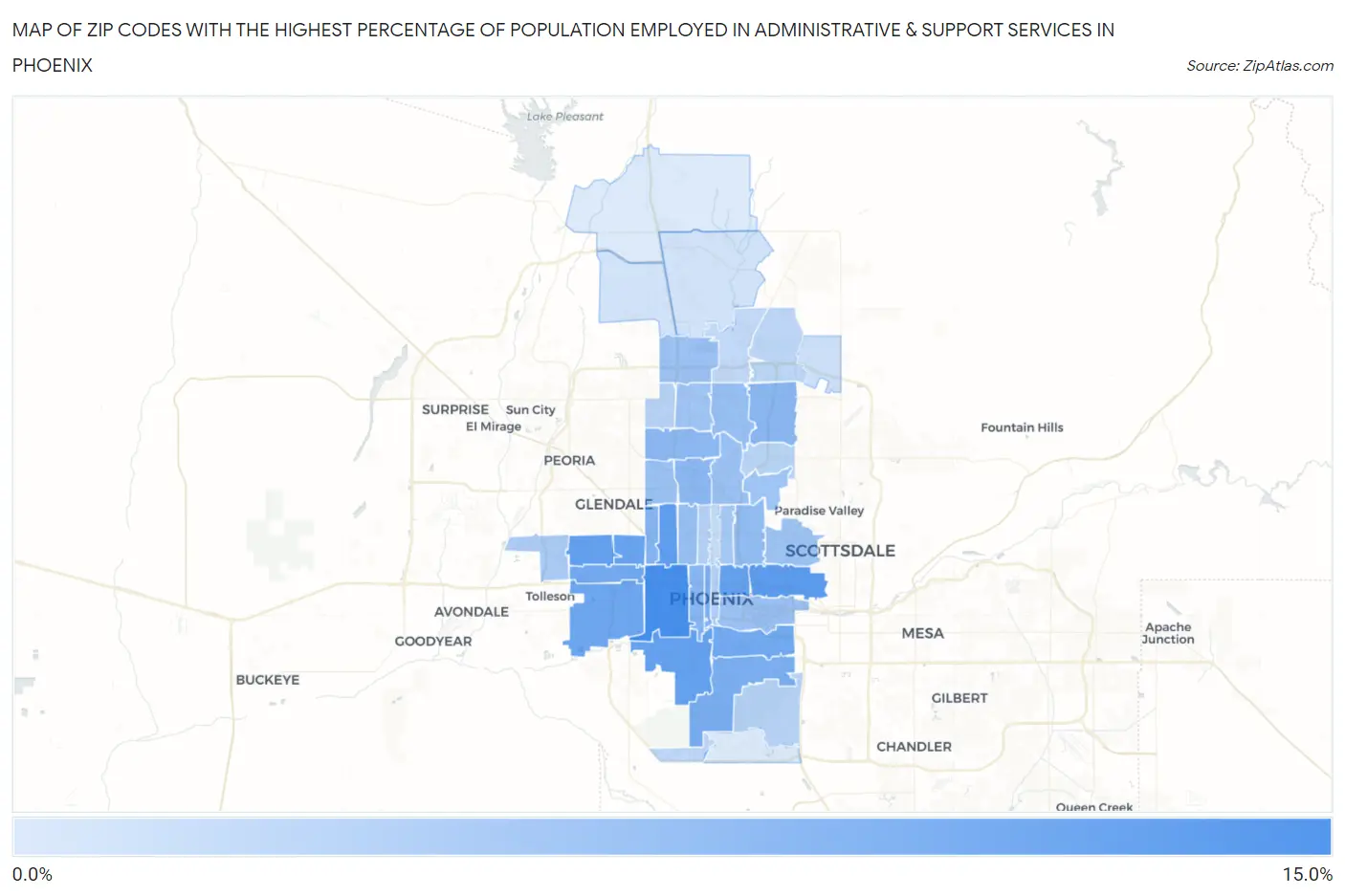 Zip Codes with the Highest Percentage of Population Employed in Administrative & Support Services in Phoenix Map