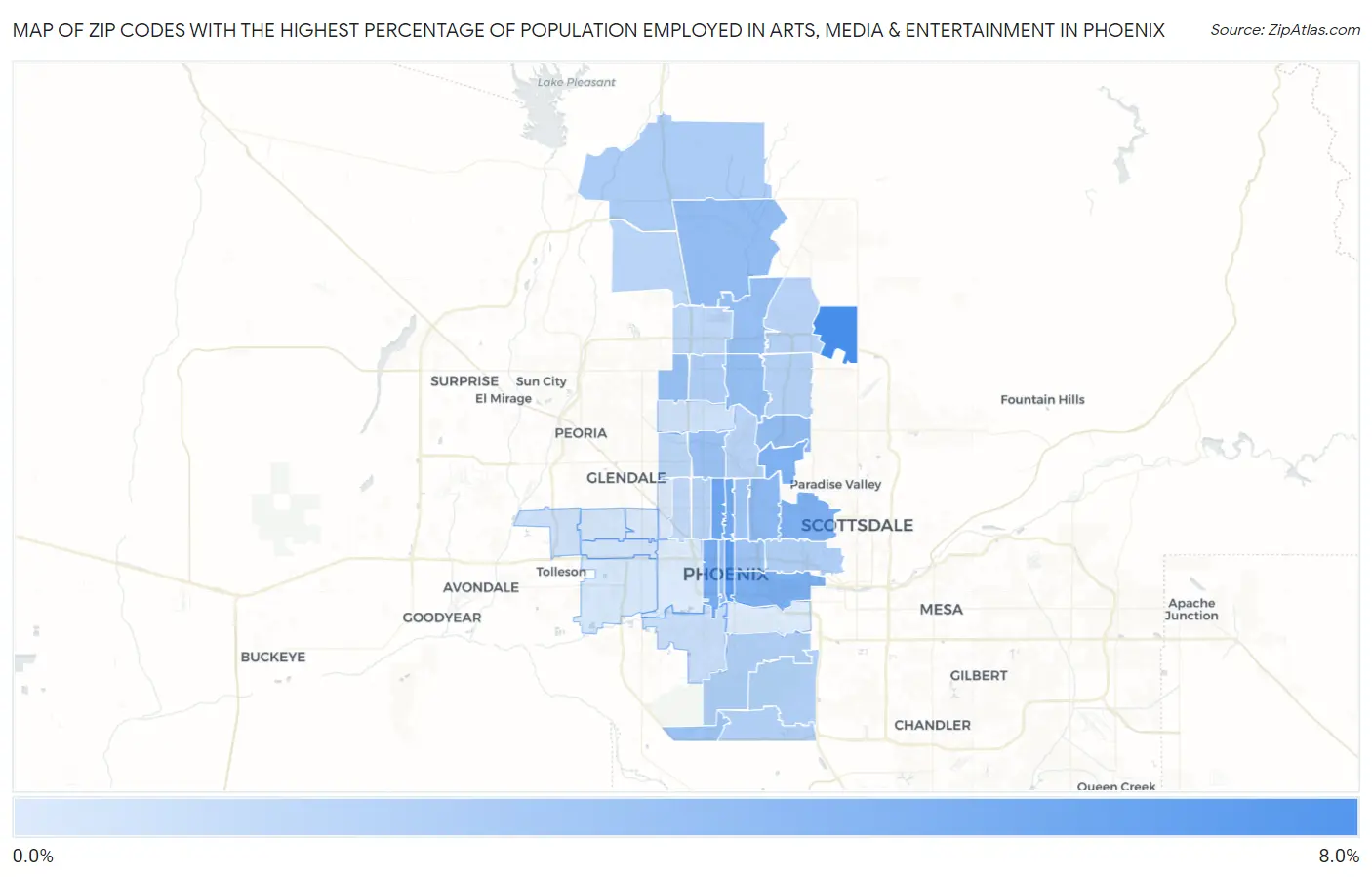 Zip Codes with the Highest Percentage of Population Employed in Arts, Media & Entertainment in Phoenix Map