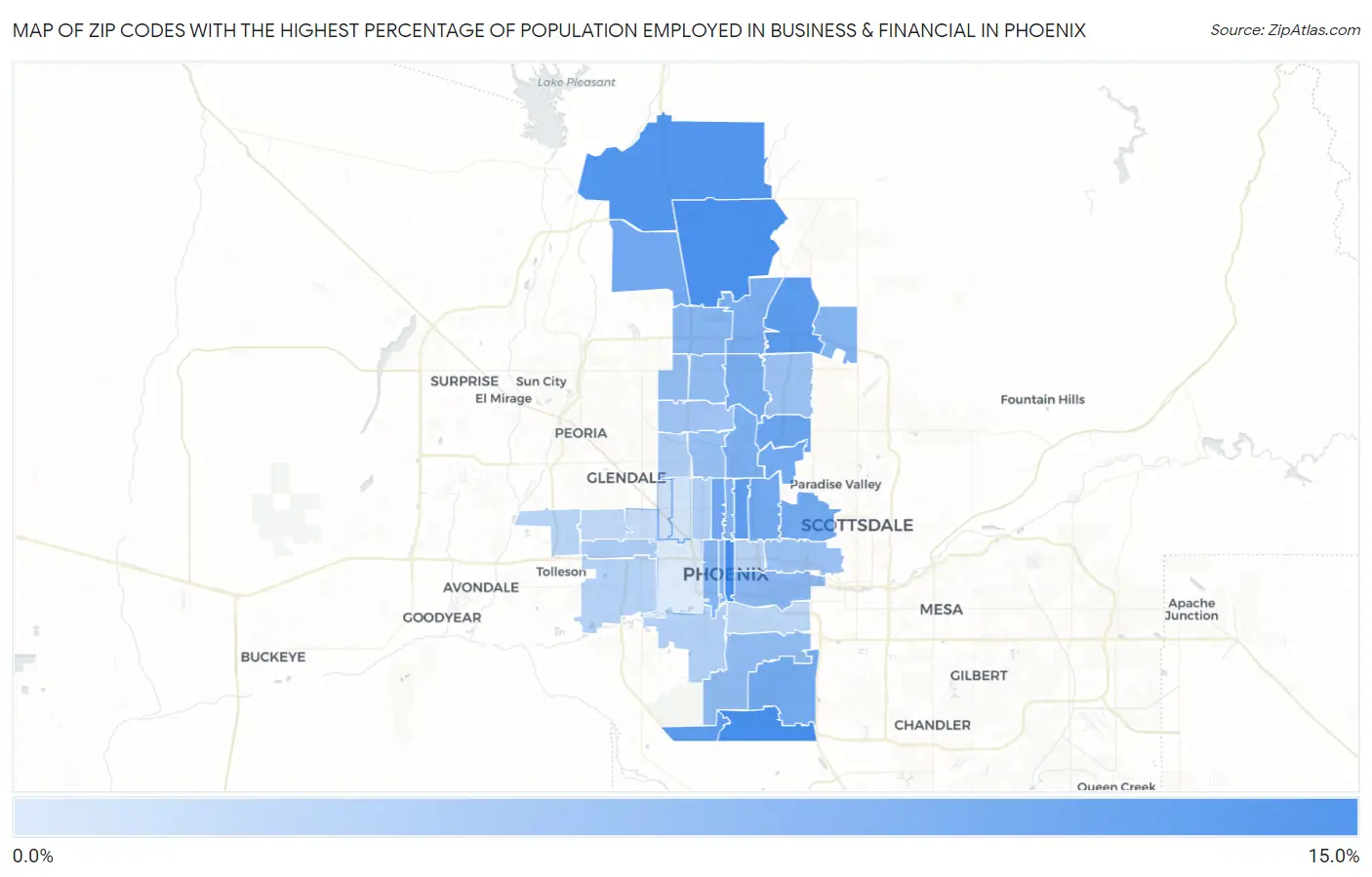 Zip Codes with the Highest Percentage of Population Employed in Business & Financial in Phoenix Map