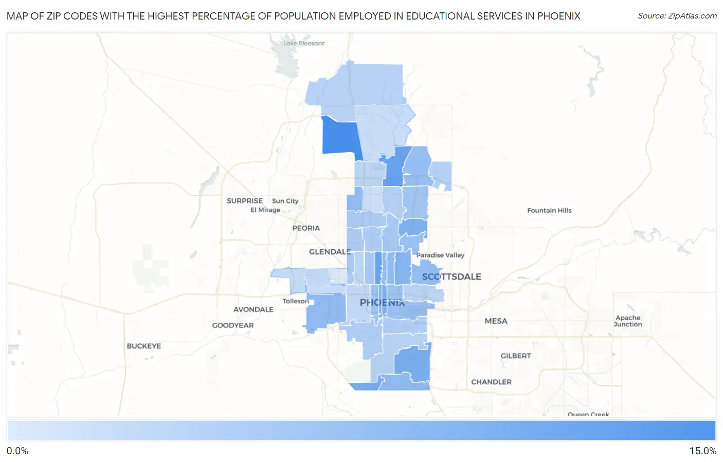 Zip Codes with the Highest Percentage of Population Employed in Educational Services in Phoenix Map