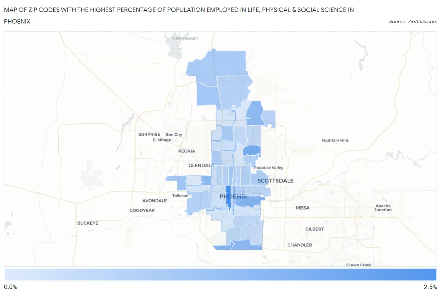 Zip Codes with the Highest Percentage of Population Employed in Life, Physical & Social Science in Phoenix Map