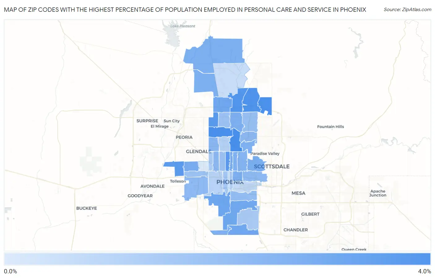 Zip Codes with the Highest Percentage of Population Employed in Personal Care and Service in Phoenix Map