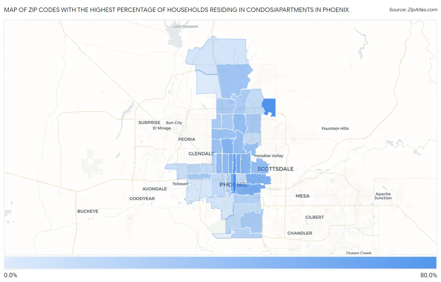 Zip Codes with the Highest Percentage of Households Residing in Condos/Apartments in Phoenix Map