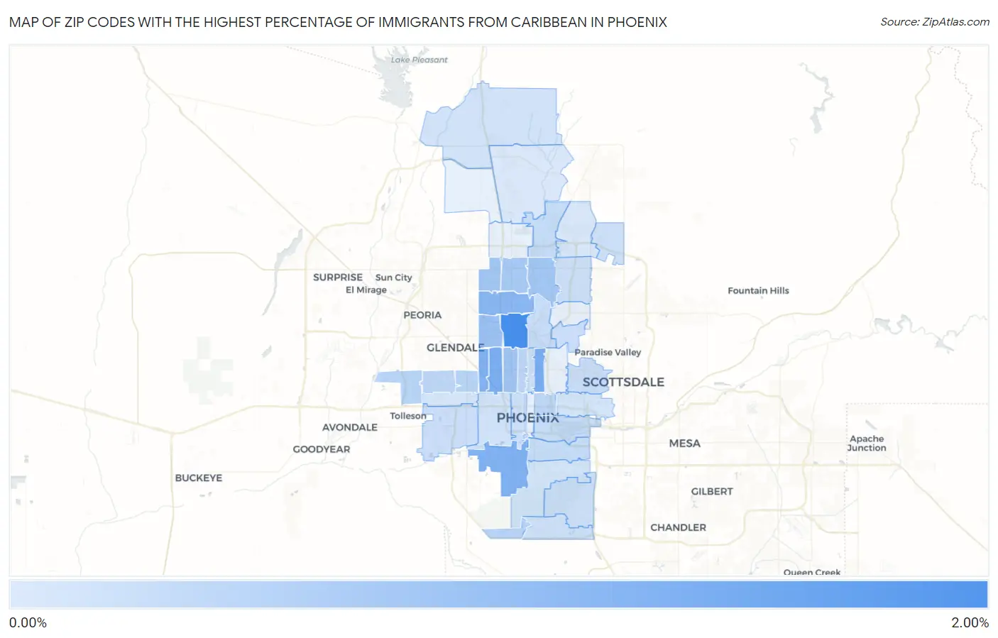 Zip Codes with the Highest Percentage of Immigrants from Caribbean in Phoenix Map