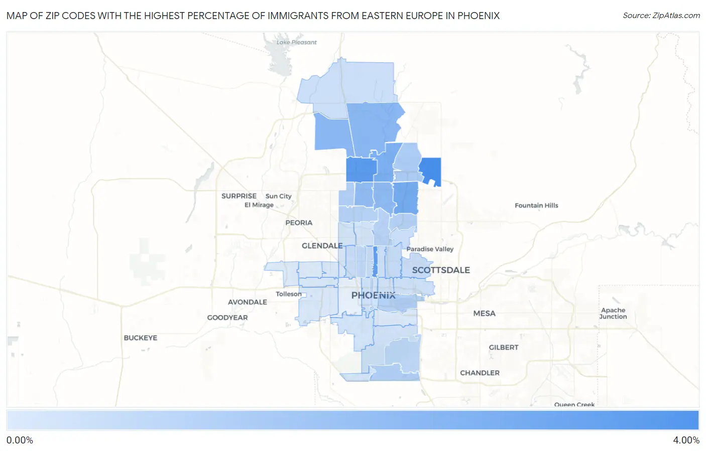 Zip Codes with the Highest Percentage of Immigrants from Eastern Europe in Phoenix Map