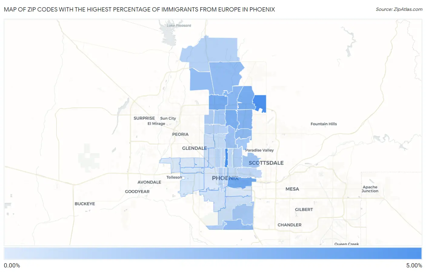 Zip Codes with the Highest Percentage of Immigrants from Europe in Phoenix Map