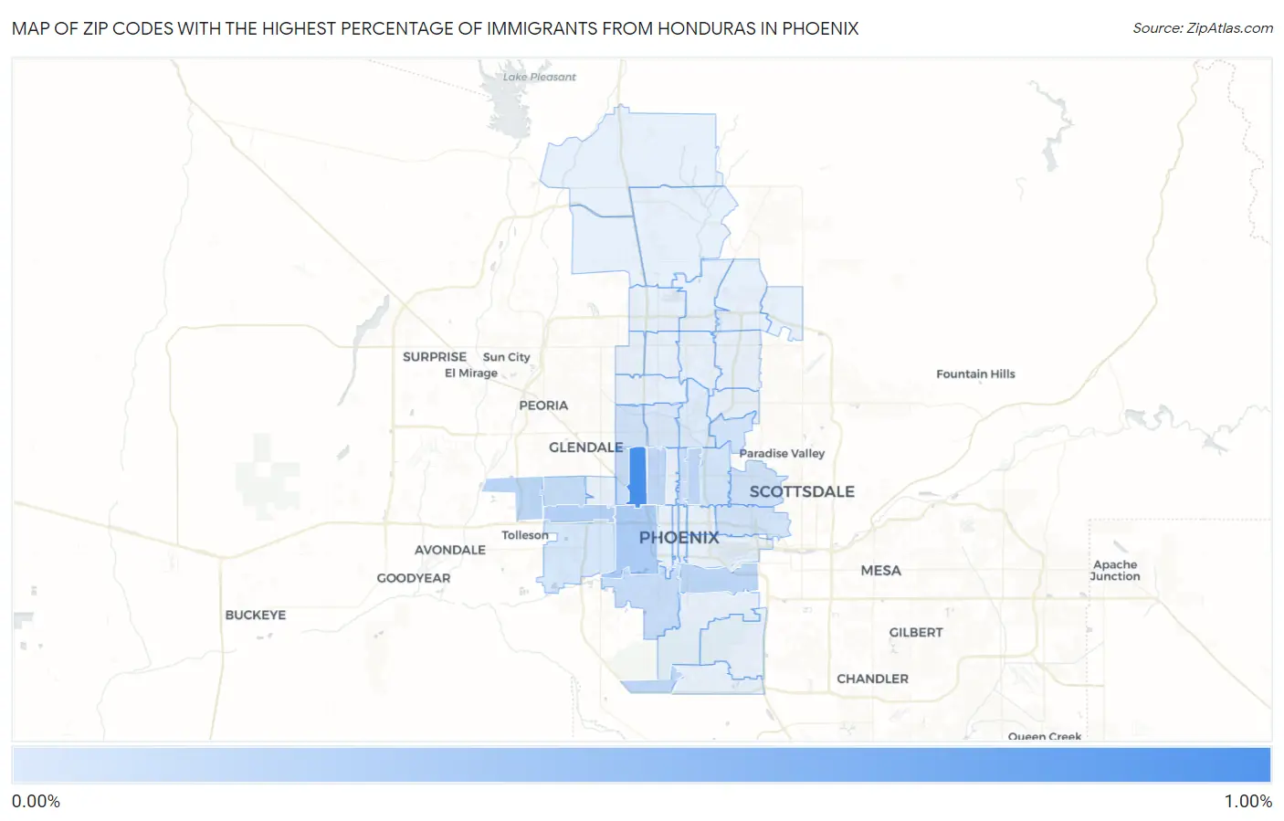 Zip Codes with the Highest Percentage of Immigrants from Honduras in Phoenix Map
