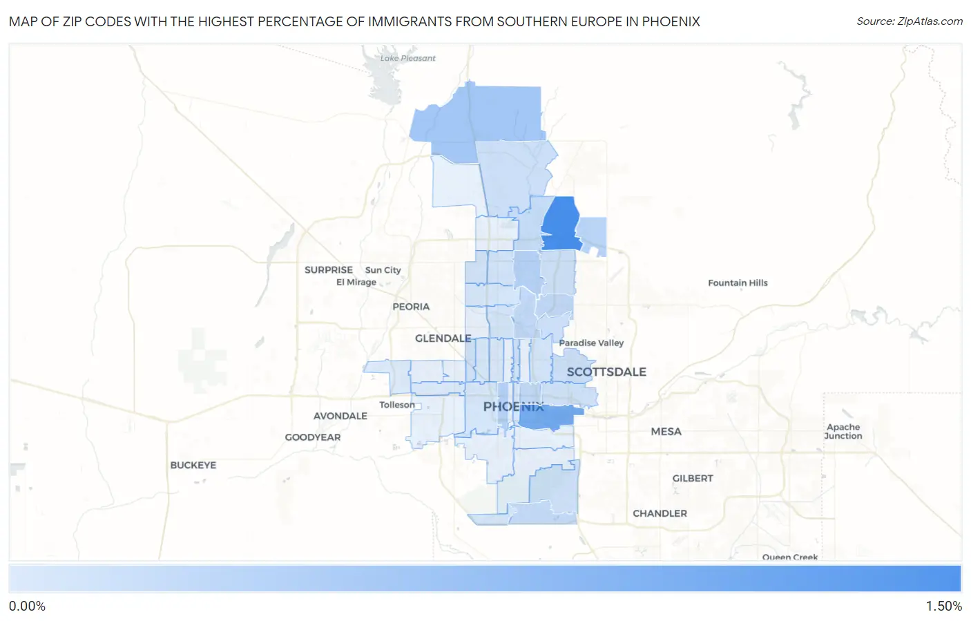 Zip Codes with the Highest Percentage of Immigrants from Southern Europe in Phoenix Map