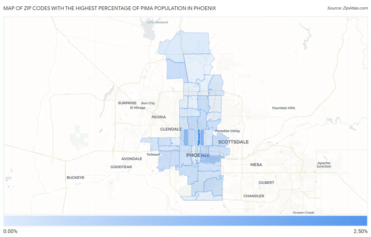 Zip Codes with the Highest Percentage of Pima Population in Phoenix Map