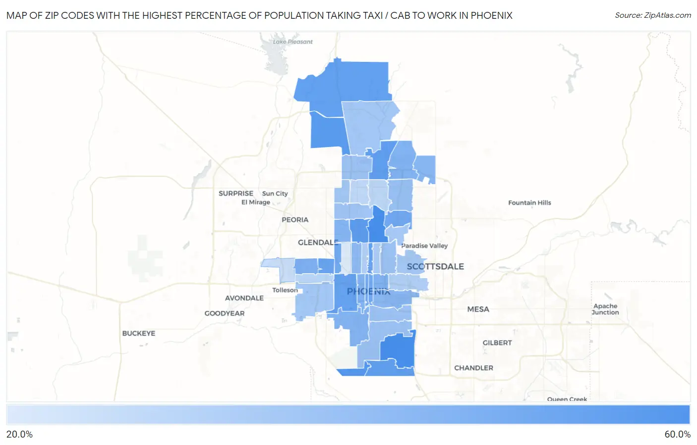 Zip Codes with the Highest Percentage of Population Taking Taxi / Cab to Work in Phoenix Map