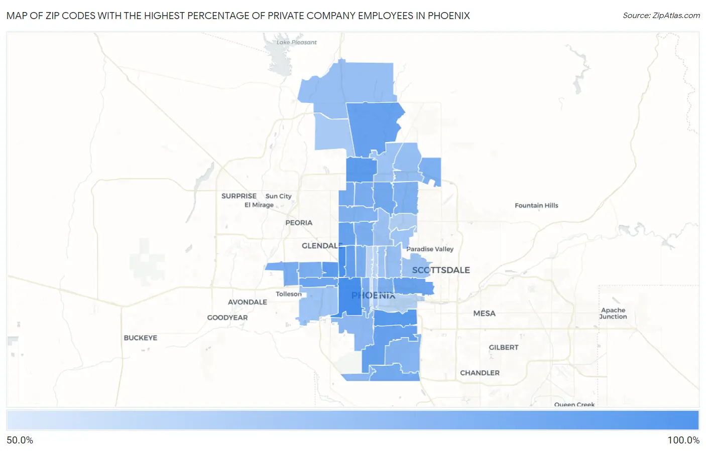 Zip Codes with the Highest Percentage of Private Company Employees in Phoenix Map