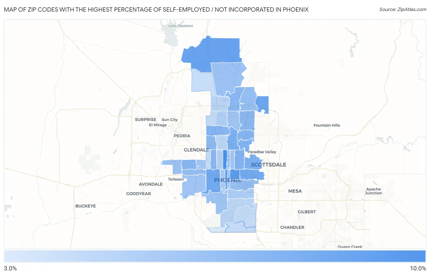 Zip Codes with the Highest Percentage of Self-Employed / Not Incorporated in Phoenix Map