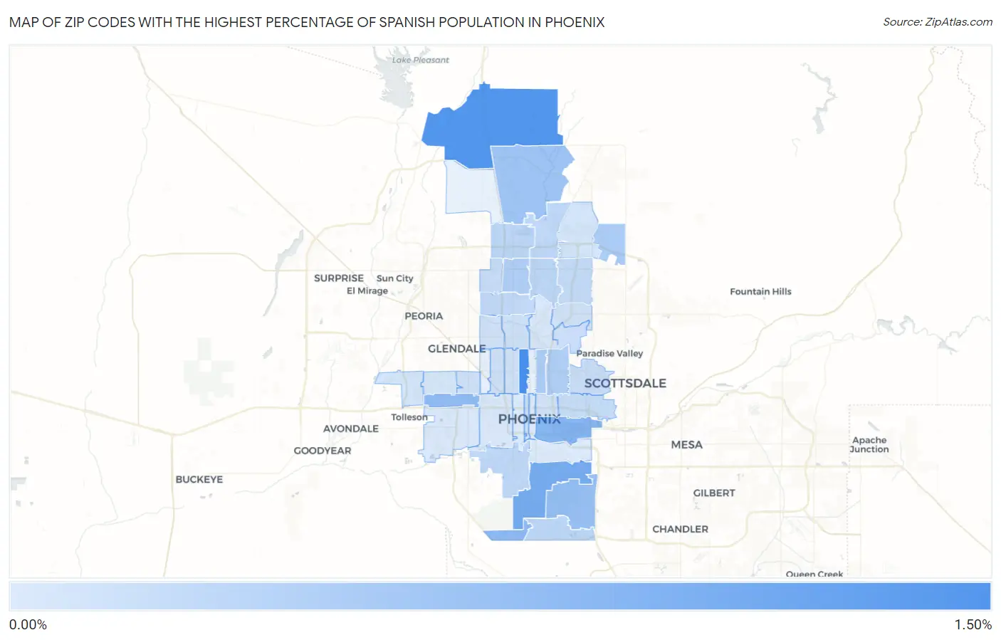 Zip Codes with the Highest Percentage of Spanish Population in Phoenix Map