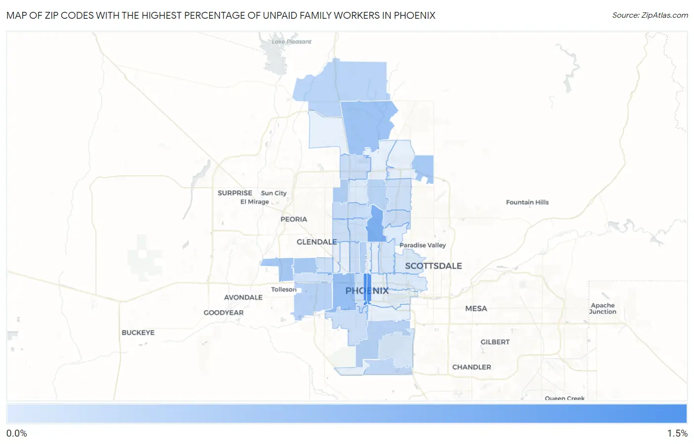 Zip Codes with the Highest Percentage of Unpaid Family Workers in Phoenix Map