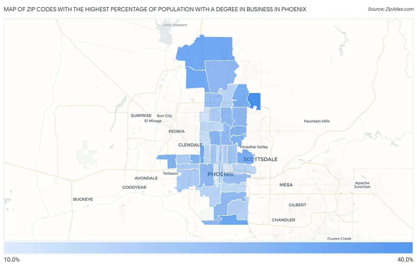 Zip Codes with the Highest Percentage of Population with a Degree in Business in Phoenix Map