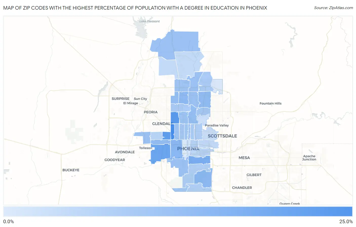 Zip Codes with the Highest Percentage of Population with a Degree in Education in Phoenix Map