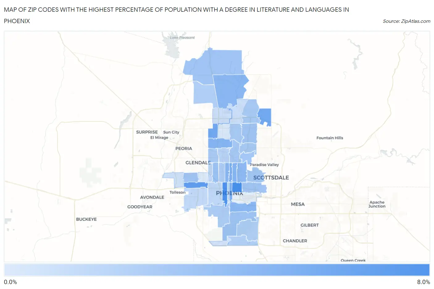 Zip Codes with the Highest Percentage of Population with a Degree in Literature and Languages in Phoenix Map