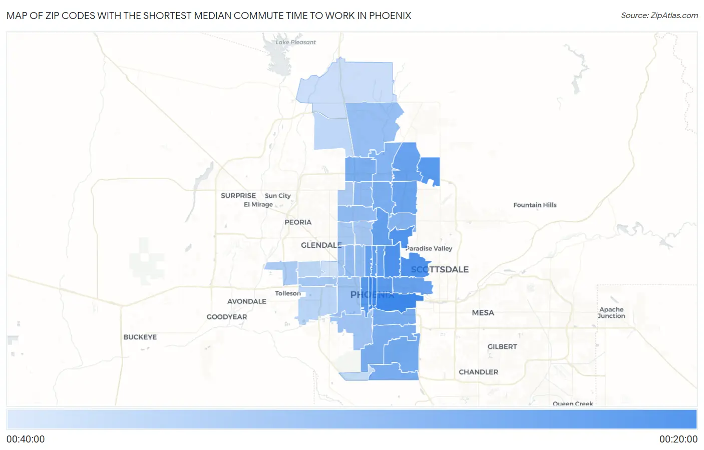 Zip Codes with the Shortest Median Commute Time to Work in Phoenix Map
