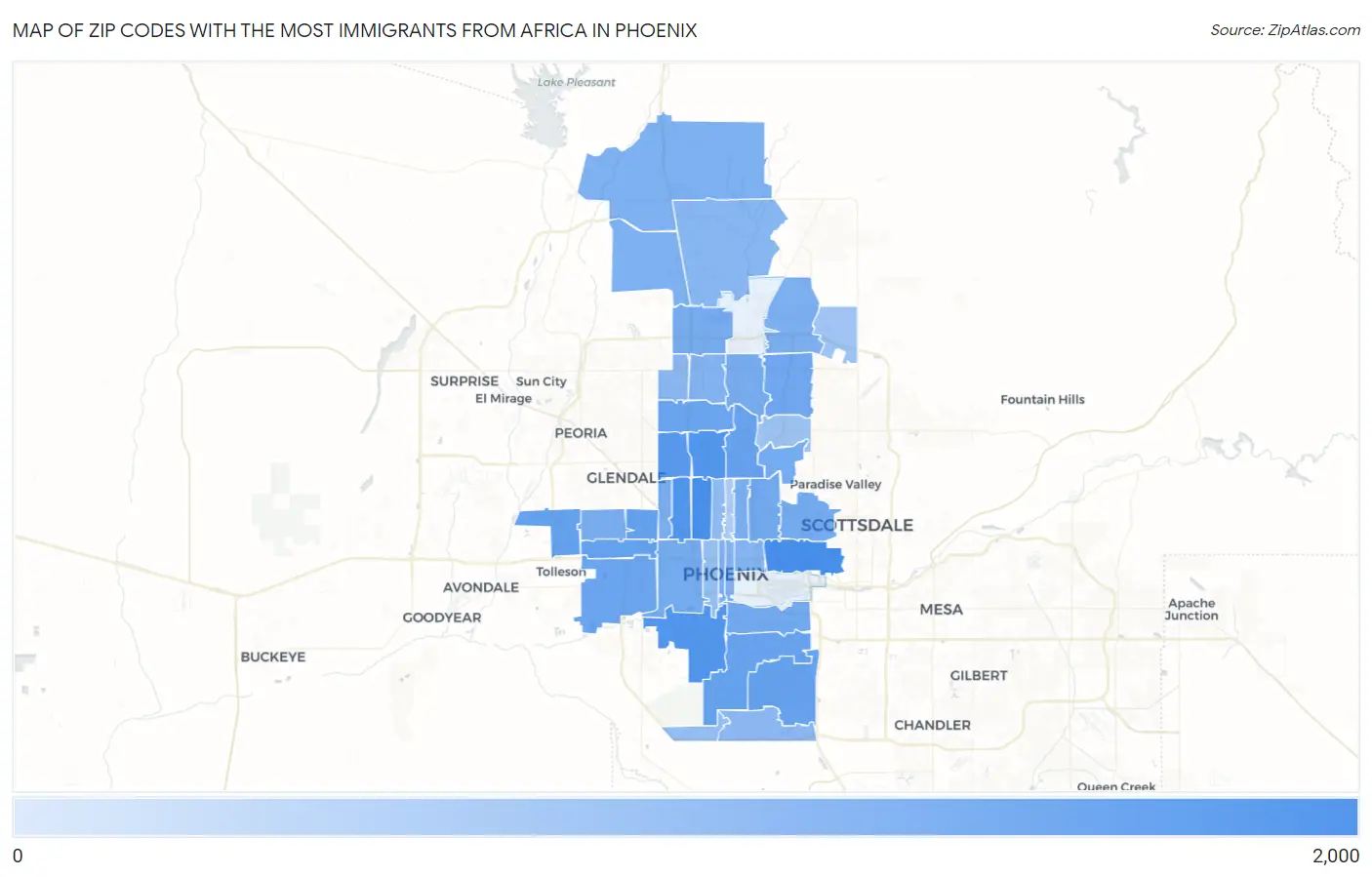 Zip Codes with the Most Immigrants from Africa in Phoenix Map