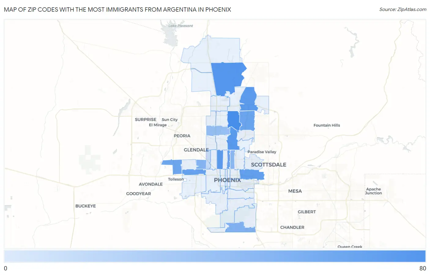 Zip Codes with the Most Immigrants from Argentina in Phoenix Map