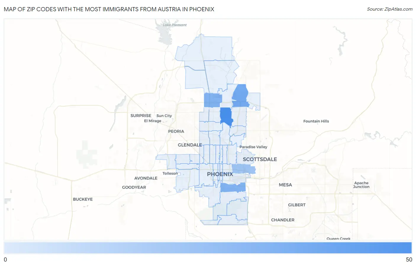 Zip Codes with the Most Immigrants from Austria in Phoenix Map