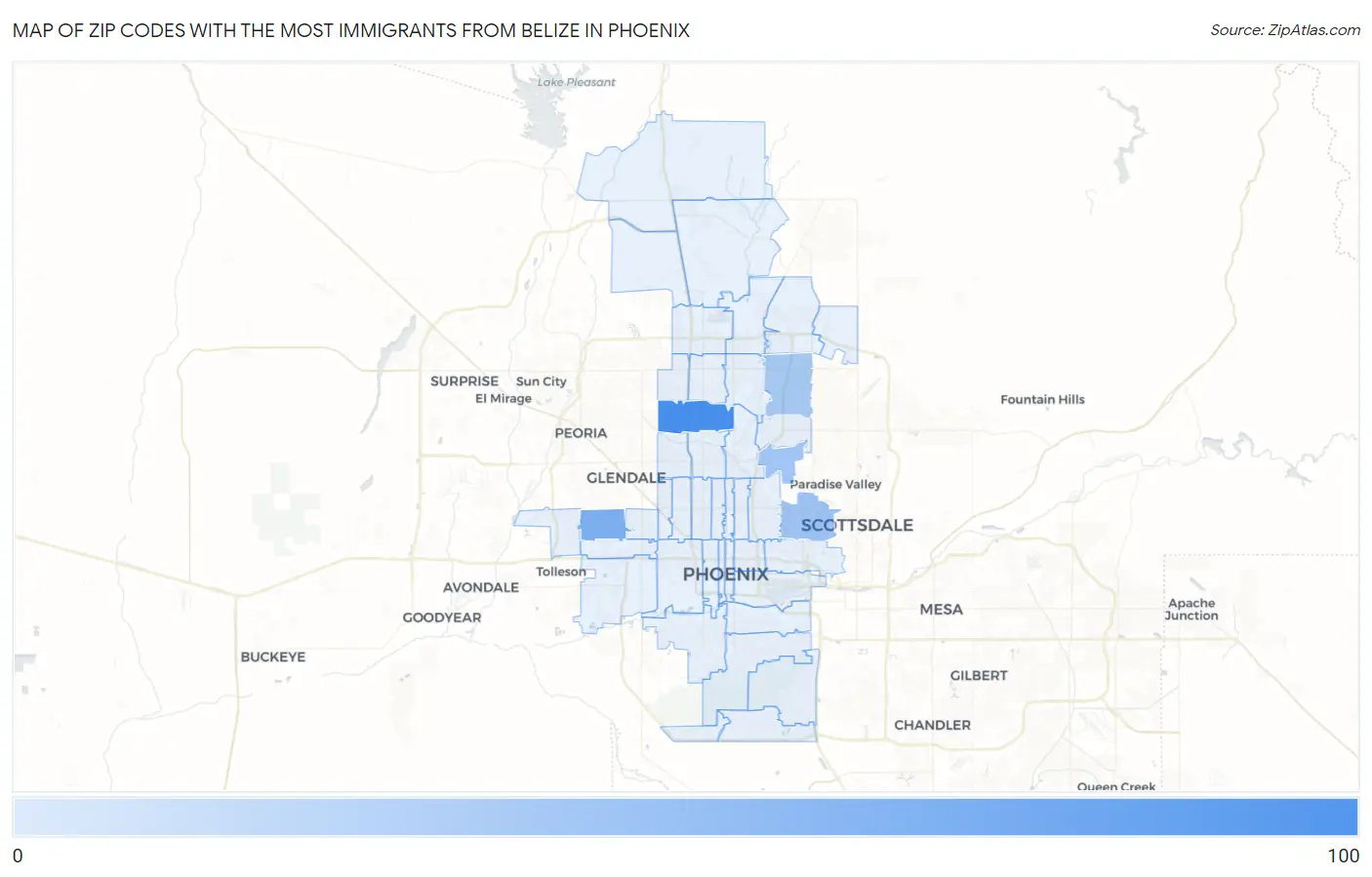 Zip Codes with the Most Immigrants from Belize in Phoenix Map