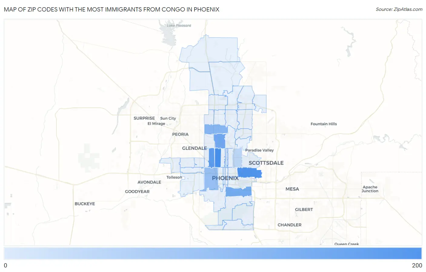 Zip Codes with the Most Immigrants from Congo in Phoenix Map