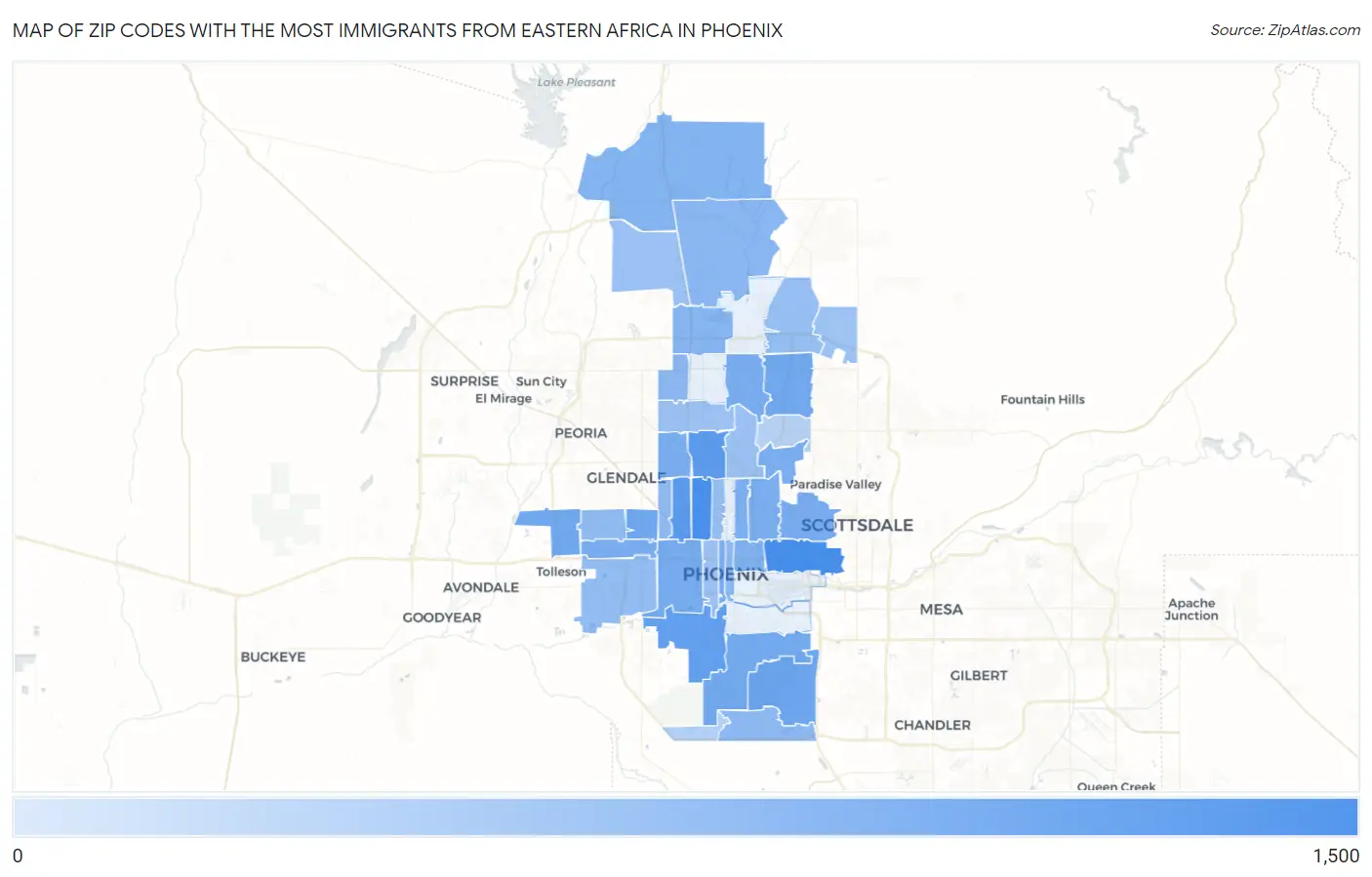 Zip Codes with the Most Immigrants from Eastern Africa in Phoenix Map