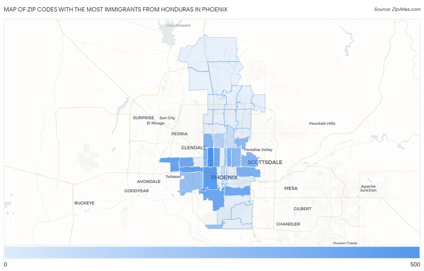 Zip Codes with the Most Immigrants from Honduras in Phoenix Map