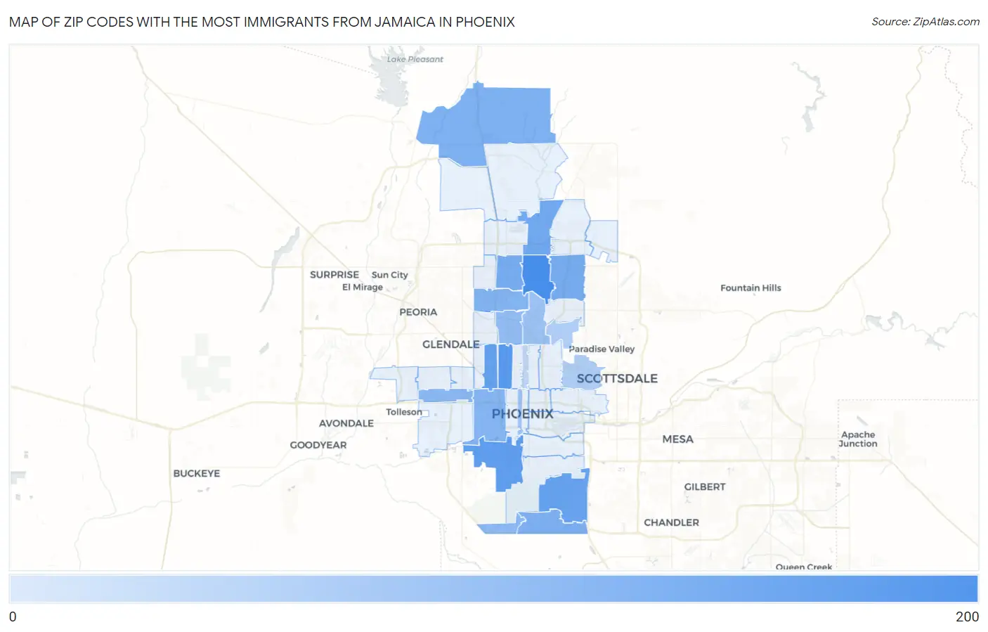 Zip Codes with the Most Immigrants from Jamaica in Phoenix Map