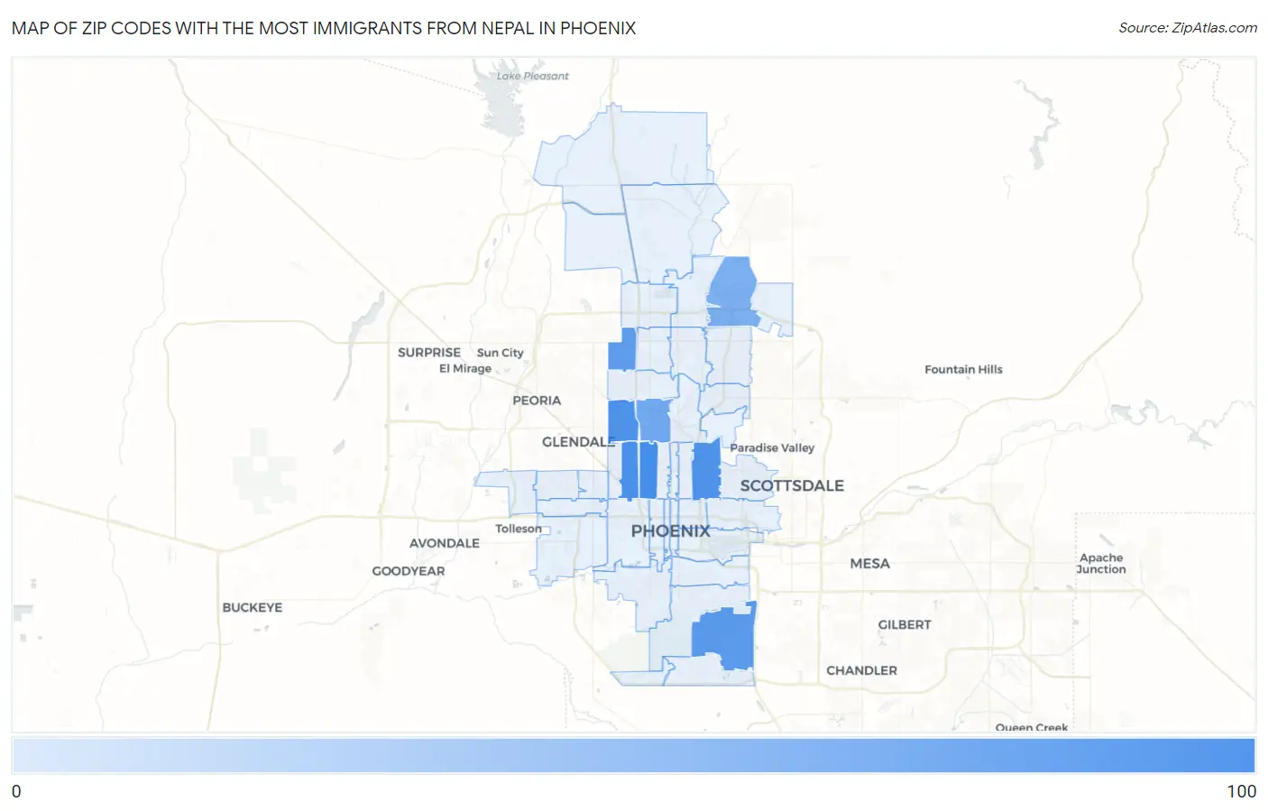 Zip Codes with the Most Immigrants from Nepal in Phoenix Map