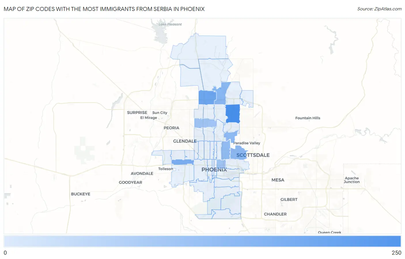 Zip Codes with the Most Immigrants from Serbia in Phoenix Map