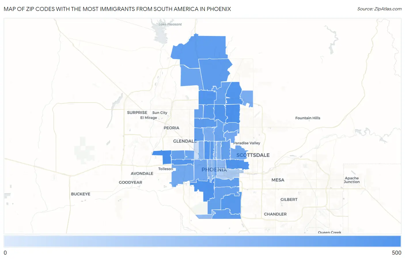 Zip Codes with the Most Immigrants from South America in Phoenix Map