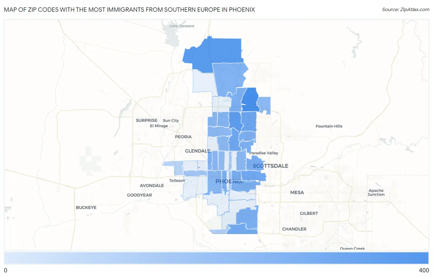 Zip Codes with the Most Immigrants from Southern Europe in Phoenix Map