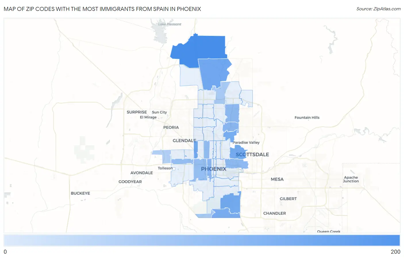 Zip Codes with the Most Immigrants from Spain in Phoenix Map