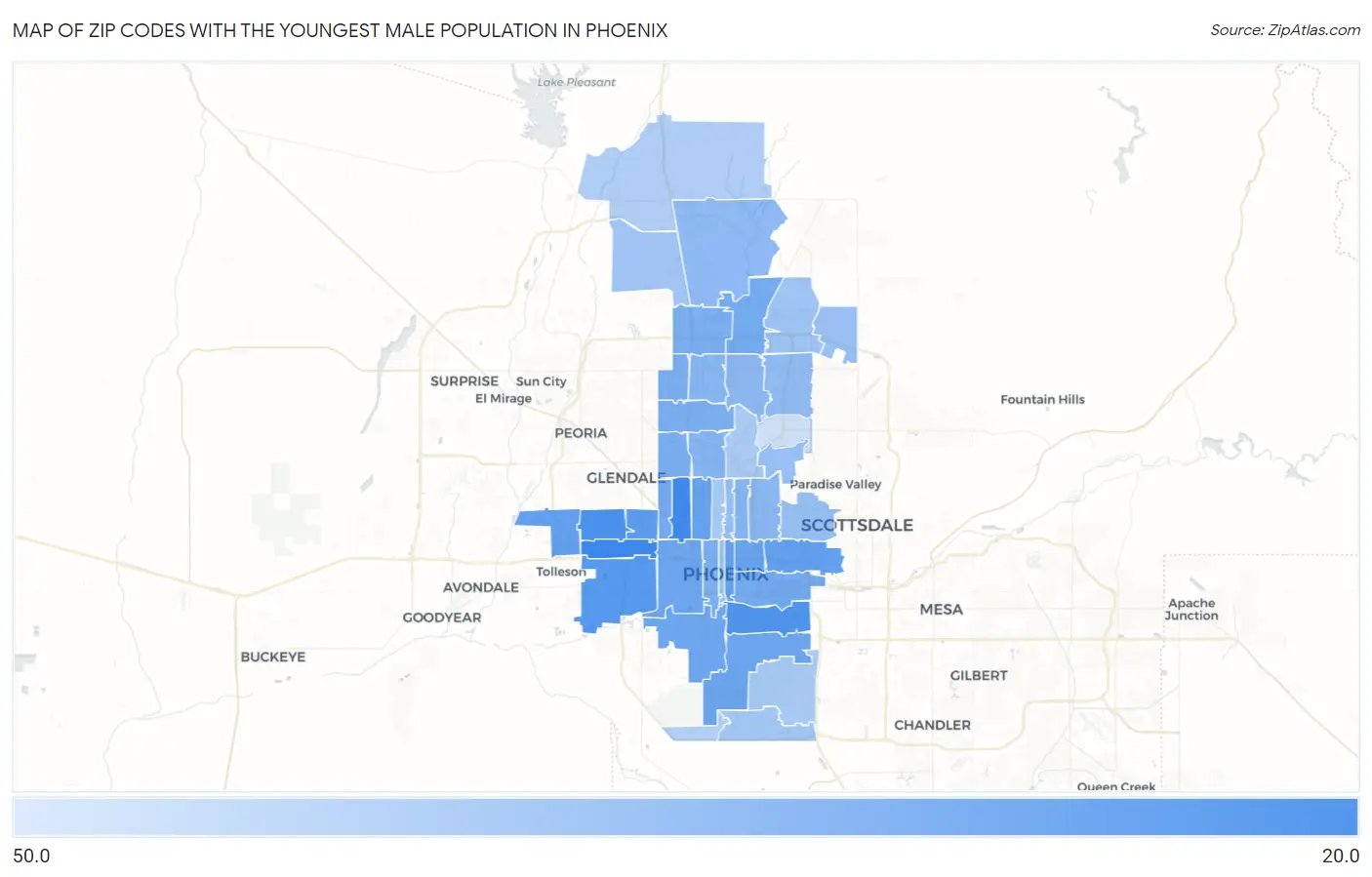 Zip Codes with the Youngest Male Population in Phoenix Map