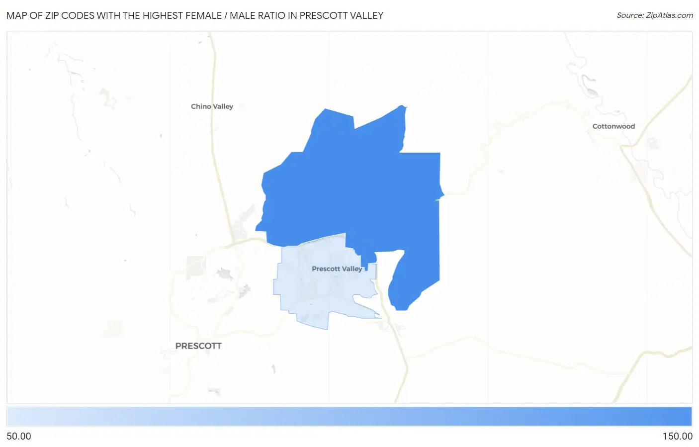 Zip Codes with the Highest Female / Male Ratio in Prescott Valley Map