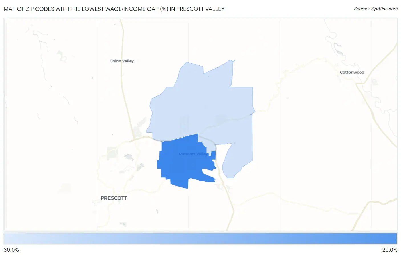 Zip Codes with the Lowest Wage/Income Gap (%) in Prescott Valley Map