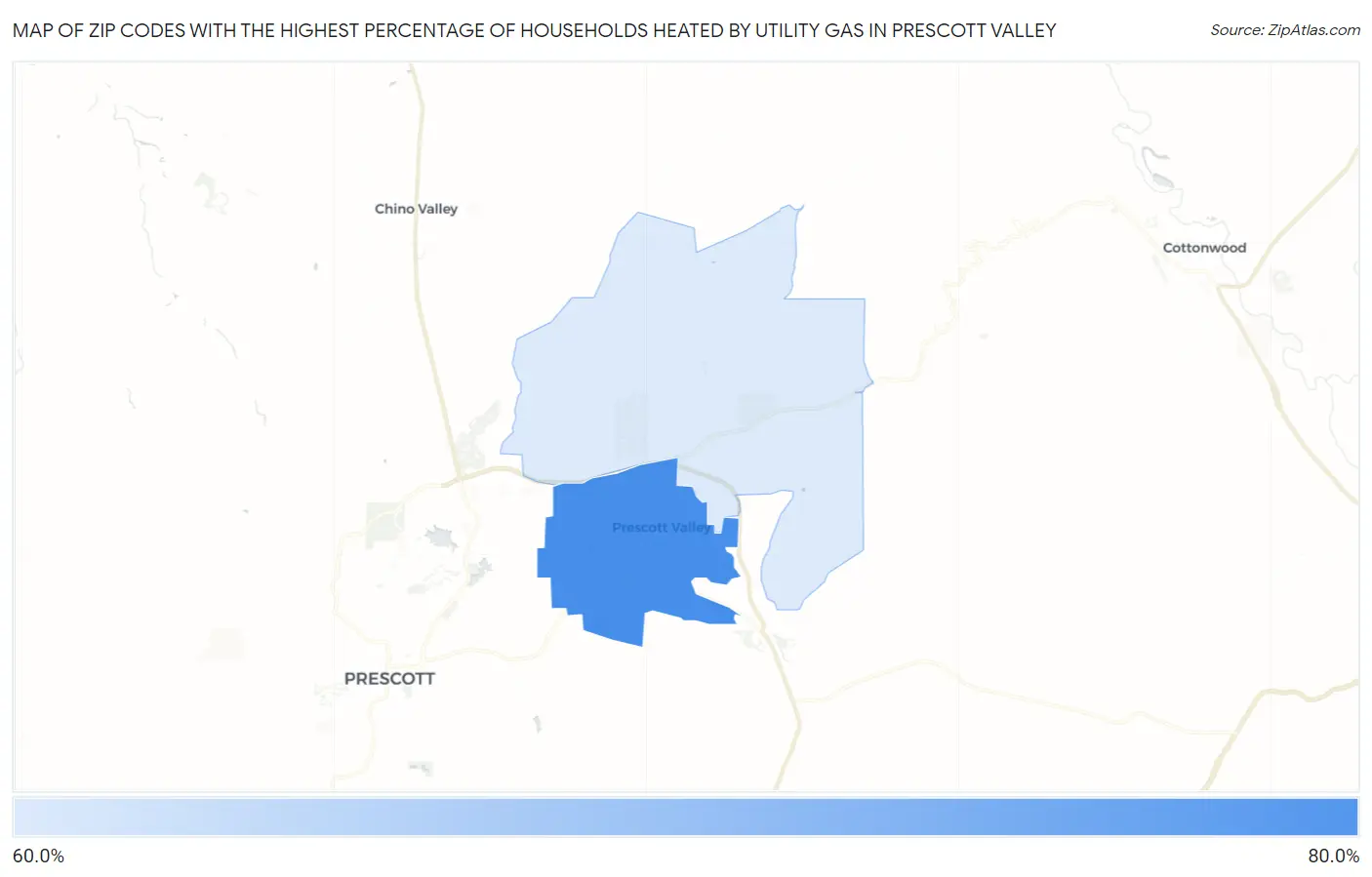 Zip Codes with the Highest Percentage of Households Heated by Utility Gas in Prescott Valley Map