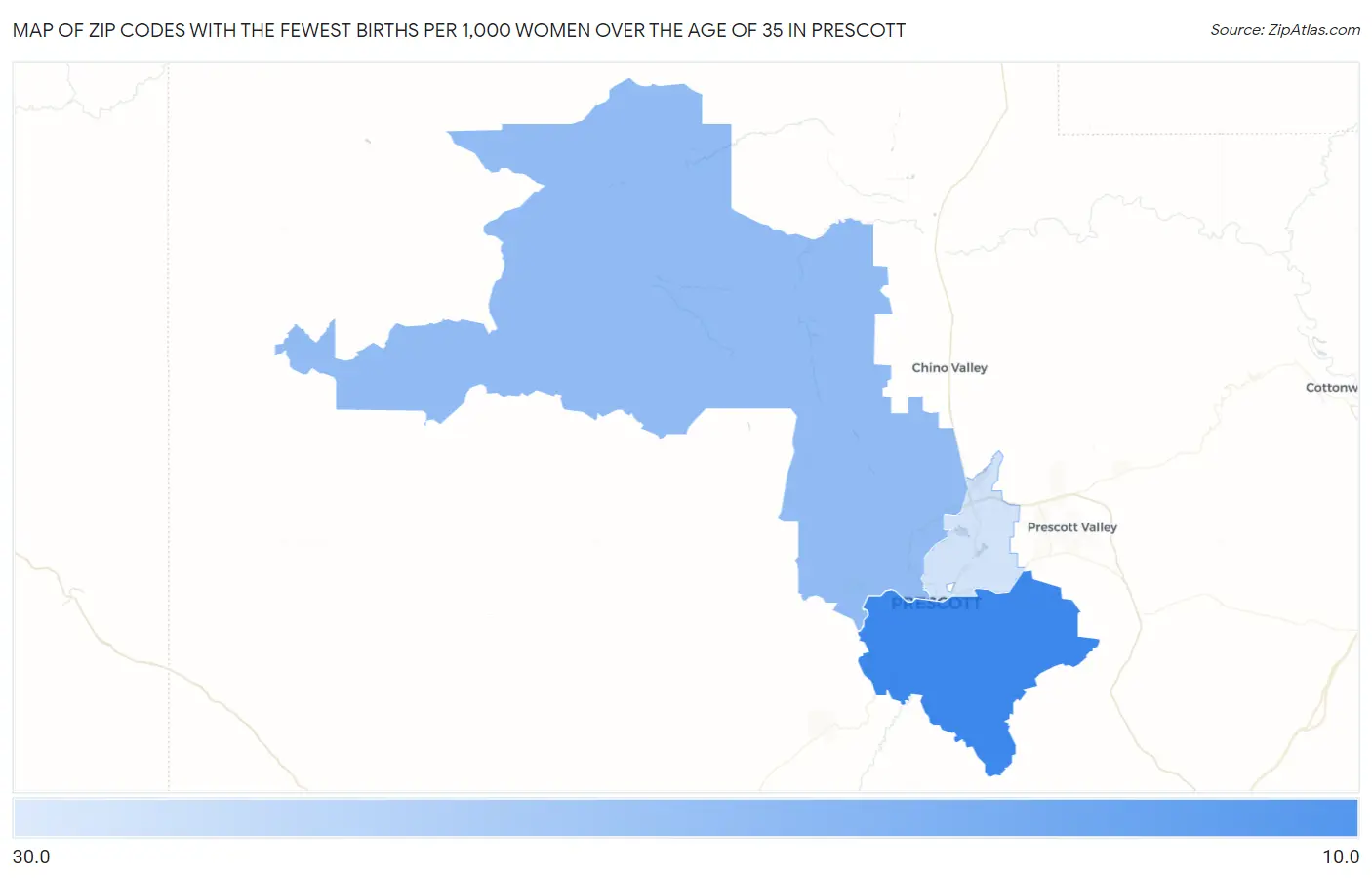 Zip Codes with the Fewest Births per 1,000 Women Over the Age of 35 in Prescott Map