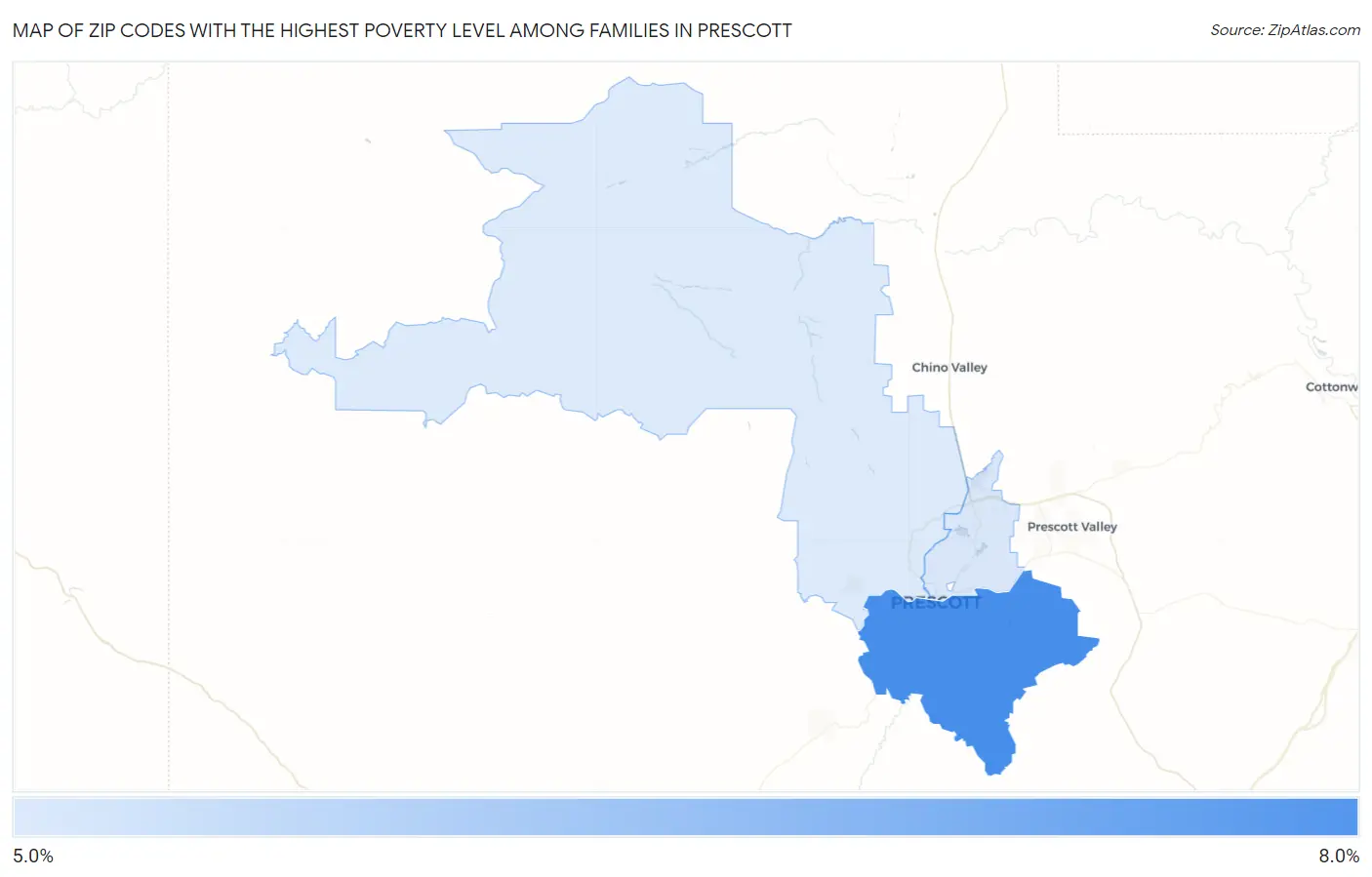 Zip Codes with the Highest Poverty Level Among Families in Prescott Map