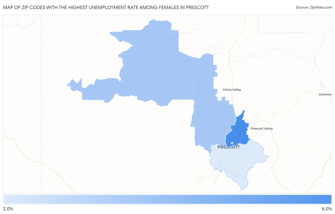 Zip Codes with the Highest Unemployment Rate Among Females in Prescott Map