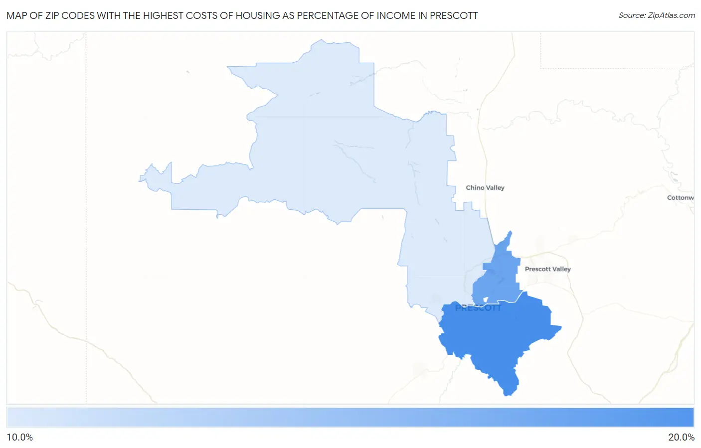Zip Codes with the Highest Costs of Housing as Percentage of Income in Prescott Map