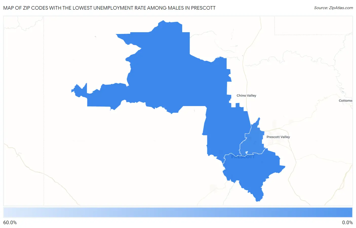 Zip Codes with the Lowest Unemployment Rate Among Males in Prescott Map