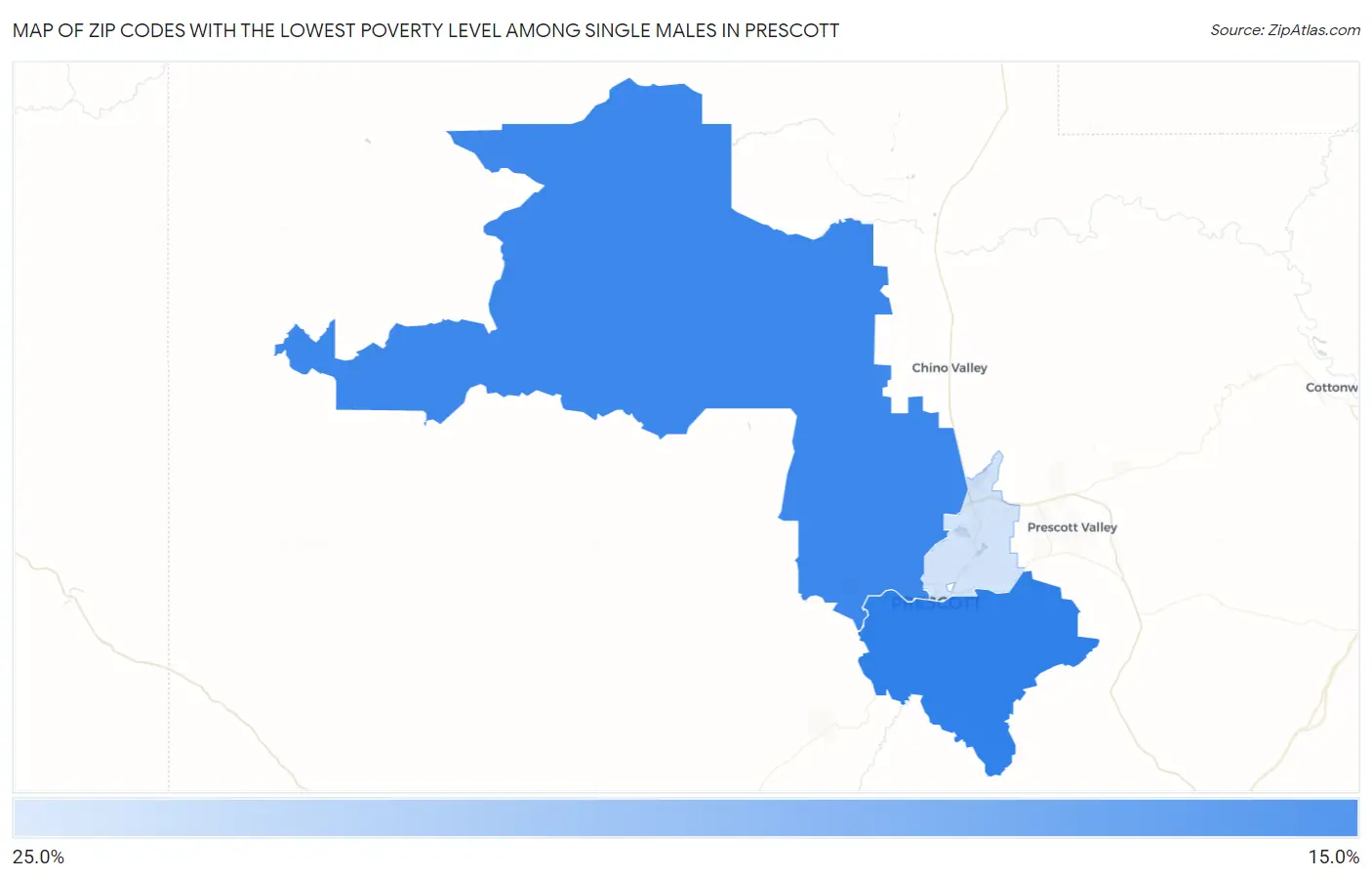 Zip Codes with the Lowest Poverty Level Among Single Males in Prescott Map