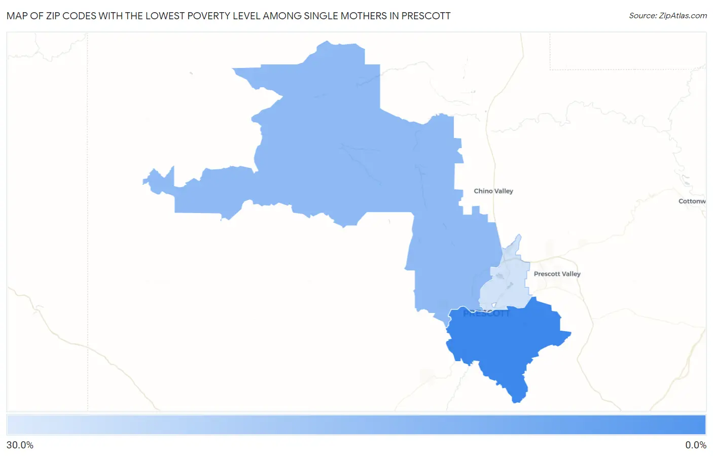 Zip Codes with the Lowest Poverty Level Among Single Mothers in Prescott Map