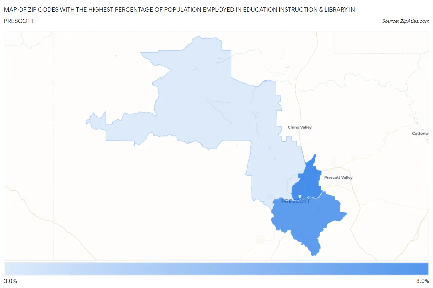 Zip Codes with the Highest Percentage of Population Employed in Education Instruction & Library in Prescott Map