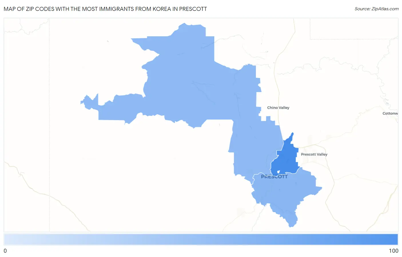 Zip Codes with the Most Immigrants from Korea in Prescott Map