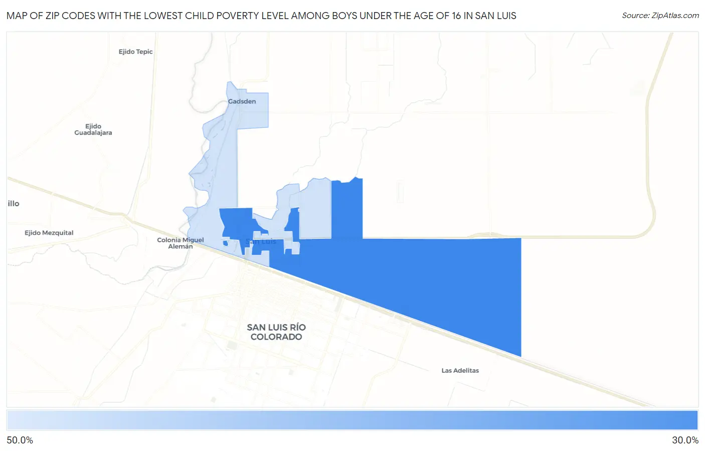 Zip Codes with the Lowest Child Poverty Level Among Boys Under the Age of 16 in San Luis Map