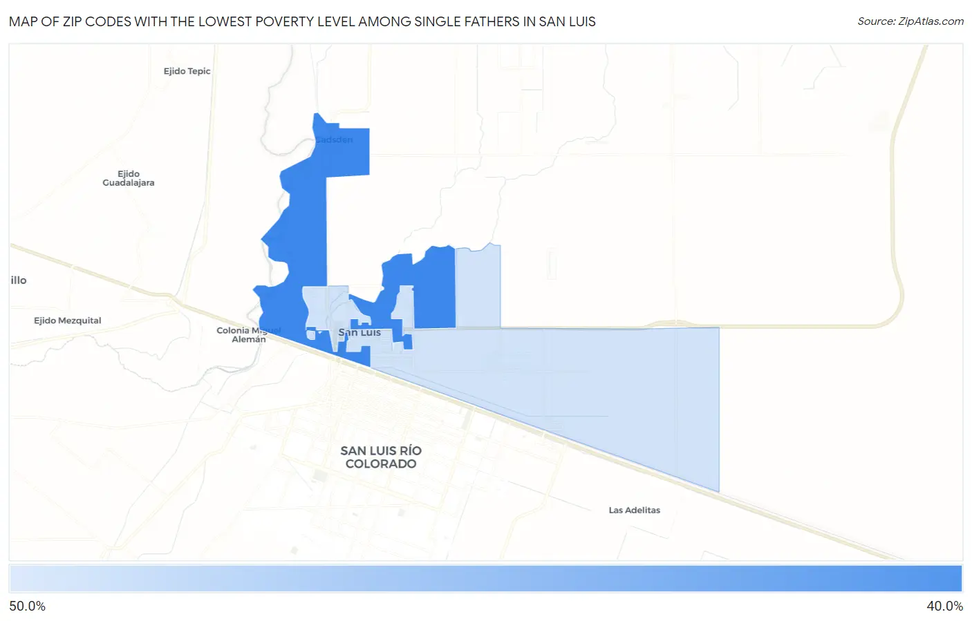 Zip Codes with the Lowest Poverty Level Among Single Fathers in San Luis Map